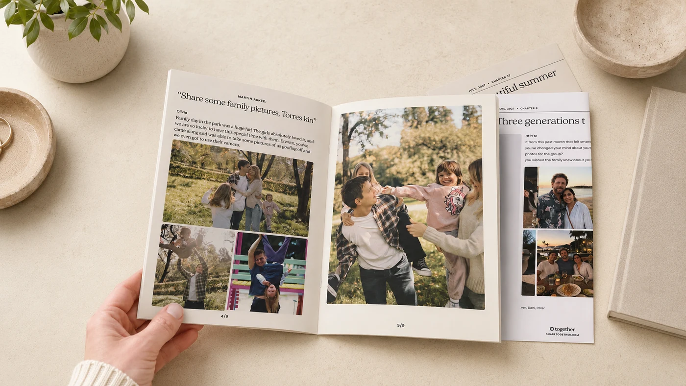 A printed Together chapter with family stories and photos