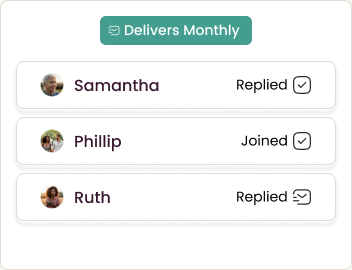 Example monthly group with members Samantha, Phillip and Ruth, showing joined and replied statuses